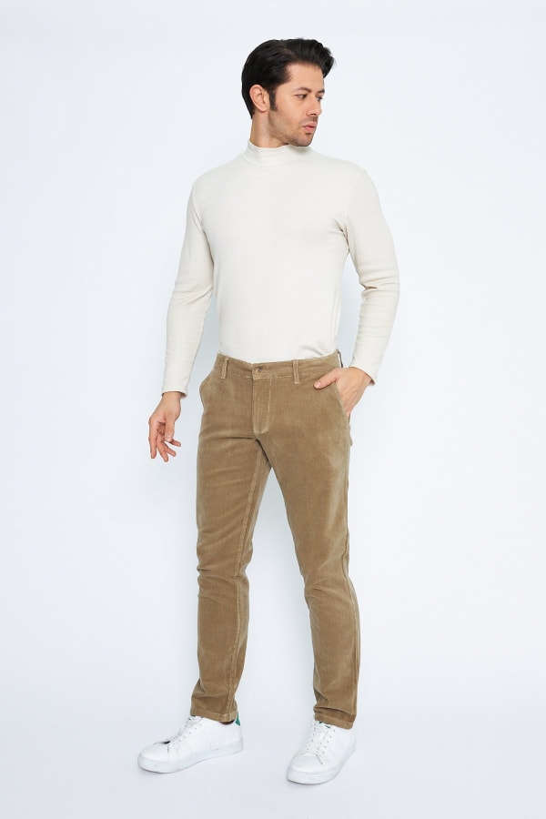 Kadife Yandan Cepli Bej Regular Fit Erkek Pamuklu Pantolon — 2