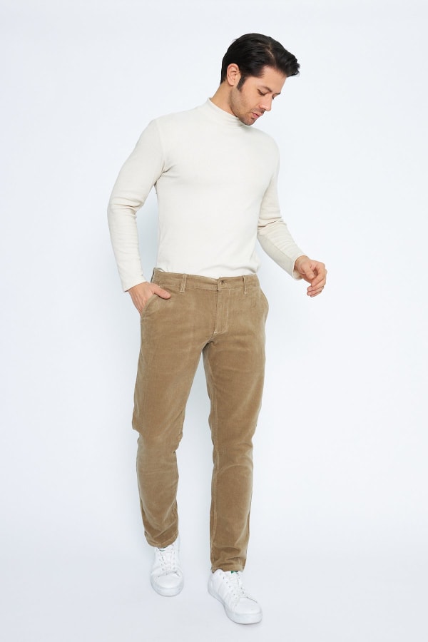 Kadife Yandan Cepli Bej Regular Fit Erkek Pamuklu Pantolon — 3