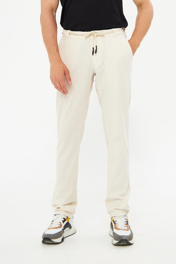 %100 Keten Beli Lastikli Bej Pantolon — 1