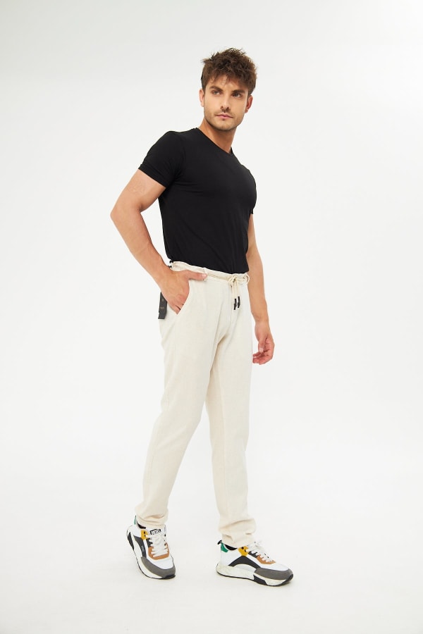 %100 Keten Beli Lastikli Bej Pantolon — 2