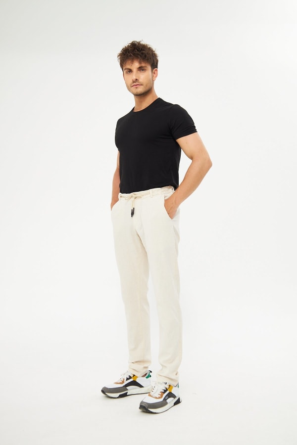 %100 Keten Beli Lastikli Bej Pantolon — 3
