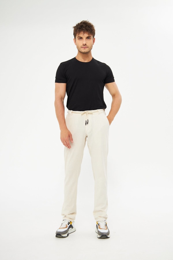 %100 Keten Beli Lastikli Bej Pantolon — 4