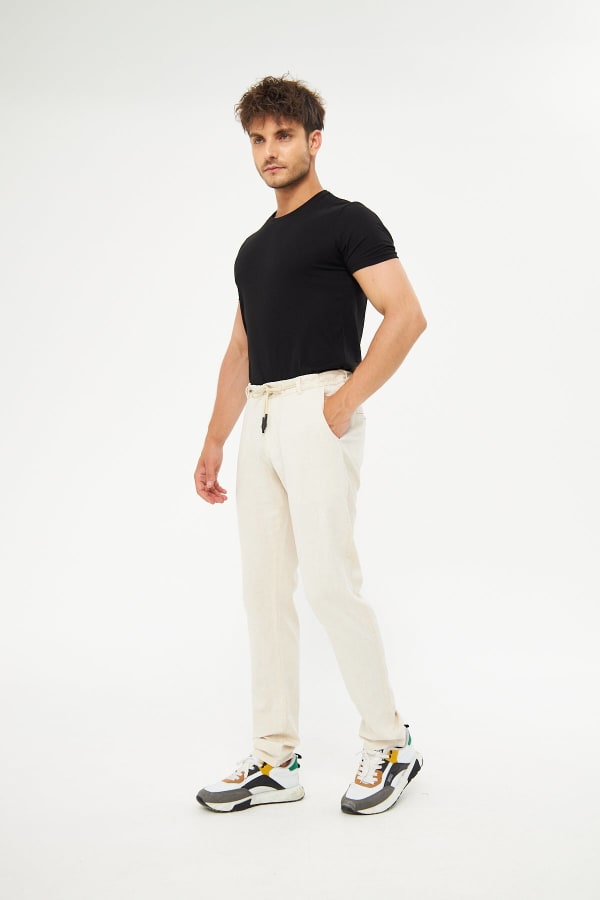 %100 Keten Beli Lastikli Bej Pantolon — 5
