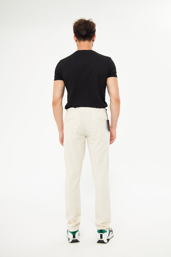 %100 Keten Beli Lastikli Bej Pantolon — 6