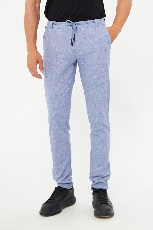 %100 Keten Beli Lastikli Koyu Lacivert Pantolon — 1