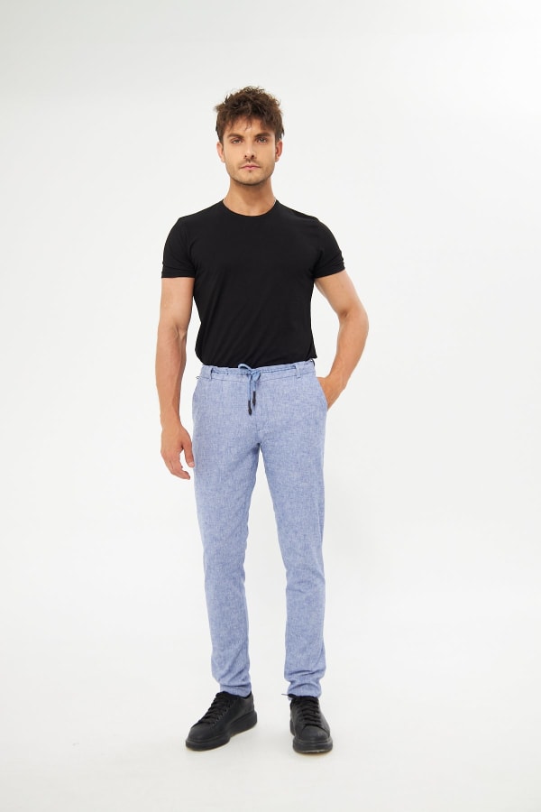 %100 Keten Beli Lastikli Koyu Lacivert Pantolon — 2