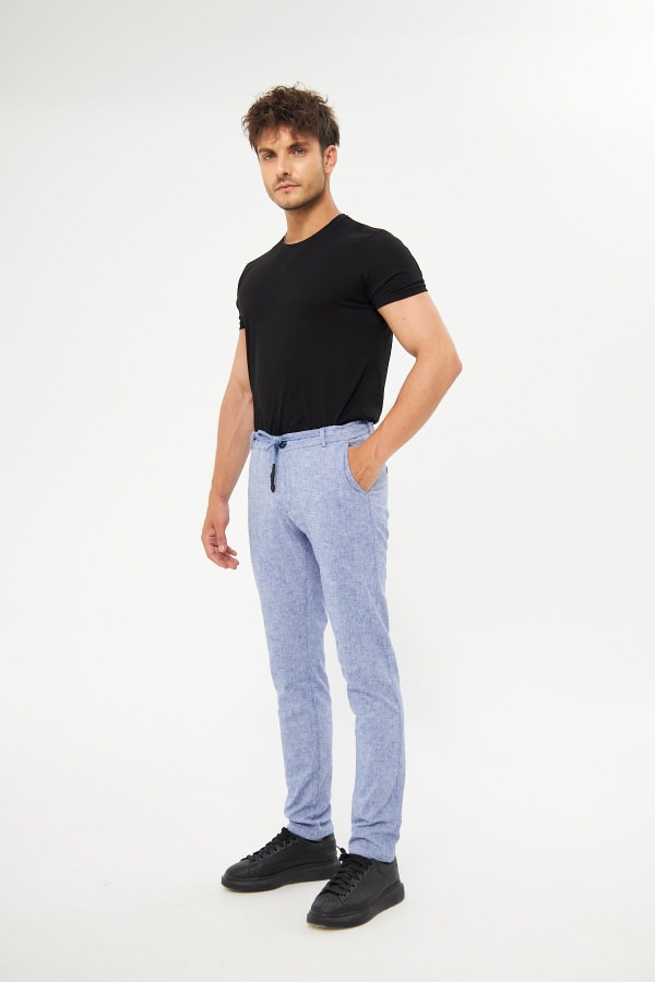 %100 Keten Beli Lastikli Koyu Lacivert Pantolon — 3