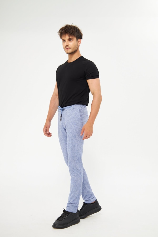 %100 Keten Beli Lastikli Koyu Lacivert Pantolon — 4