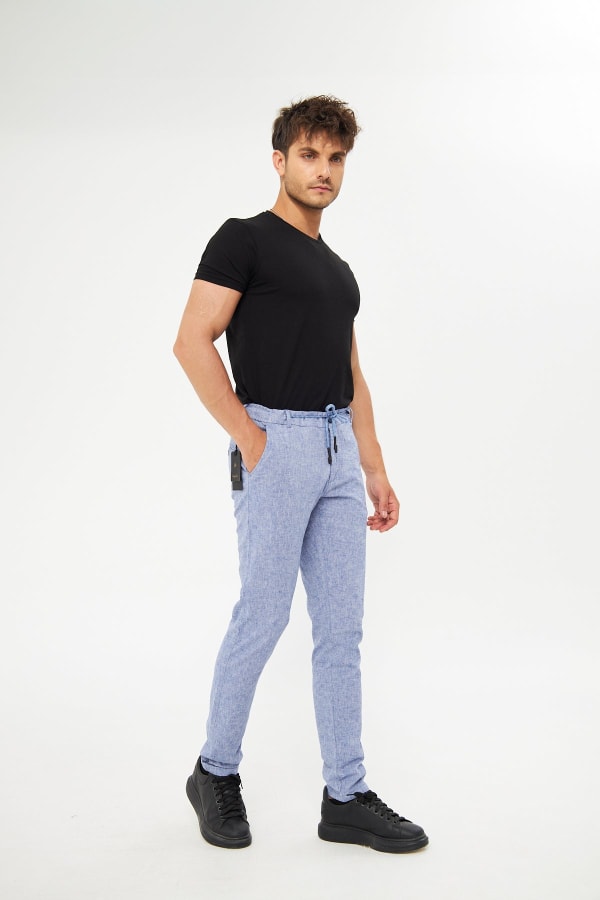 %100 Keten Beli Lastikli Koyu Lacivert Pantolon — 5