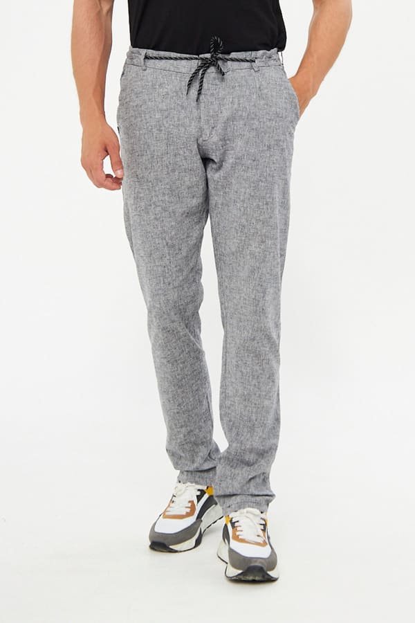 %100 Keten Beli Lastikli Siyah Pantolon — 1