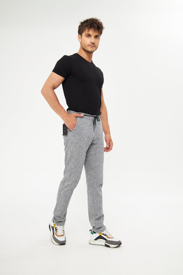 %100 Keten Beli Lastikli Siyah Pantolon — 2