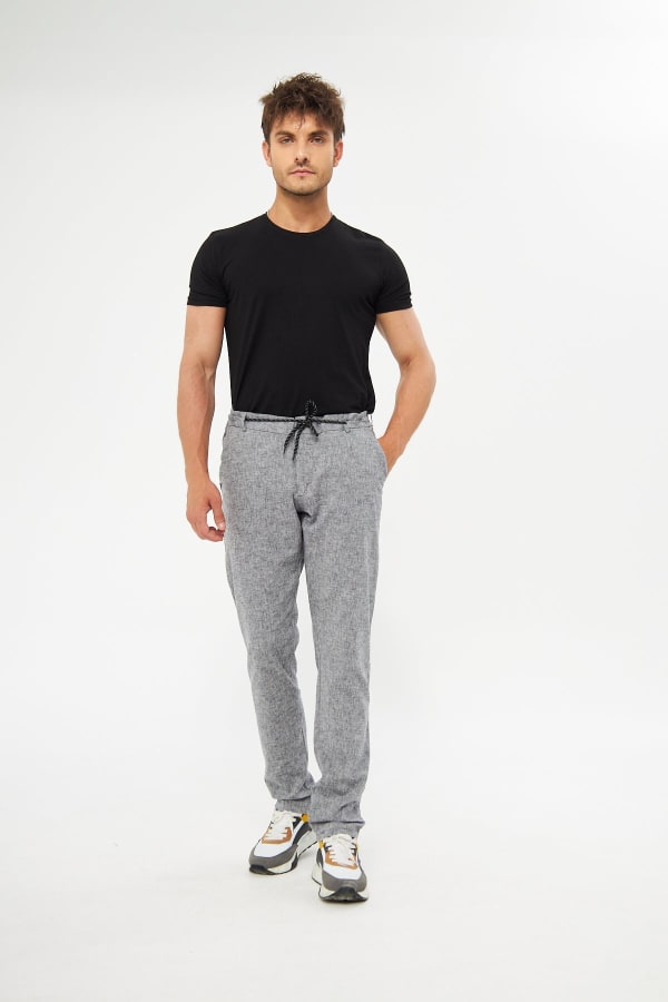 %100 Keten Beli Lastikli Siyah Pantolon — 4