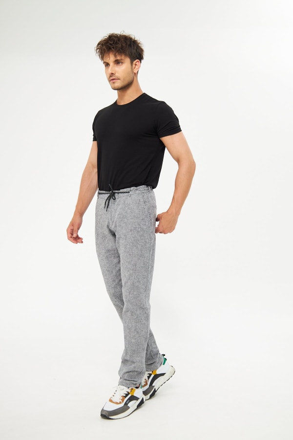%100 Keten Beli Lastikli Siyah Pantolon — 5
