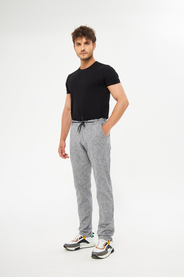 %100 Keten Beli Lastikli Siyah Pantolon — 6