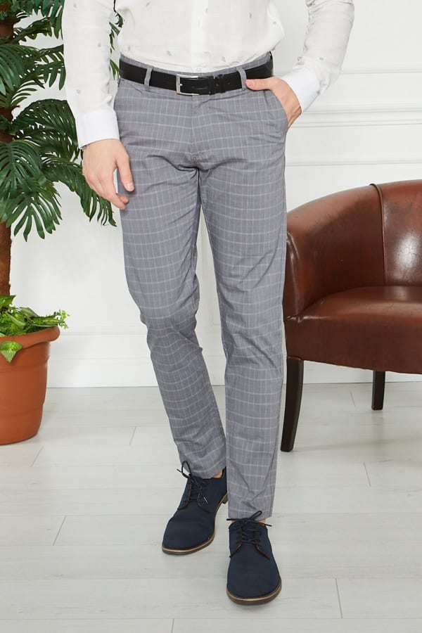 Erkek Kareli Gri Slim Fit Pantolon — 1