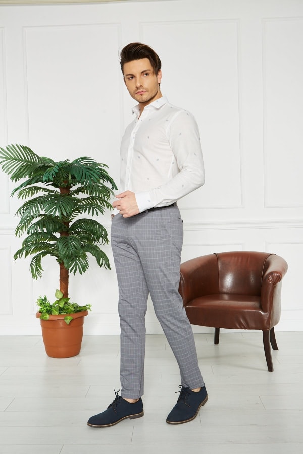 Erkek Kareli Gri Slim Fit Pantolon — 3