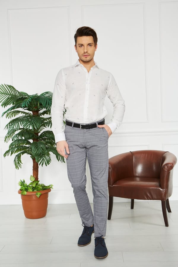 Erkek Kareli Gri Slim Fit Pantolon — 4