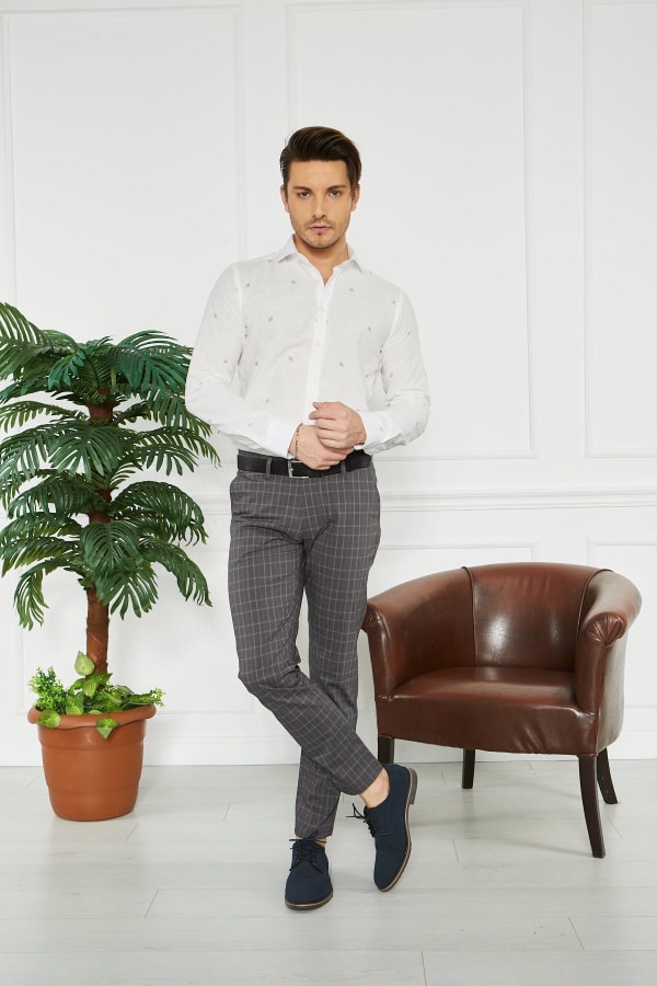 Erkek Kareli Siyah Slim Fit Pantolon — 2