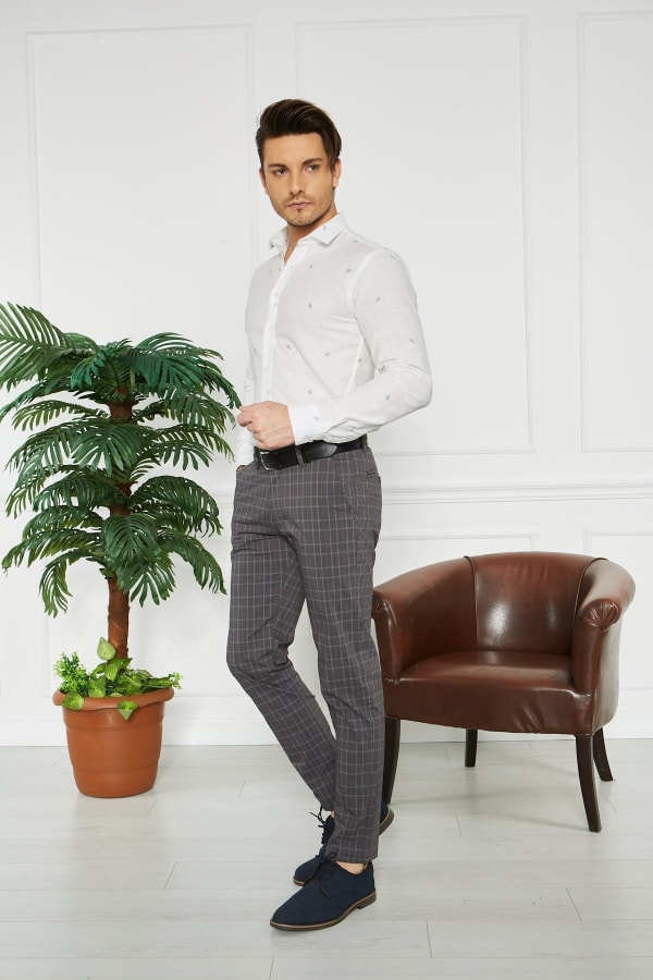 Erkek Kareli Siyah Slim Fit Pantolon — 3