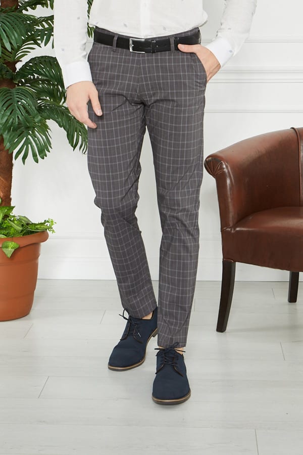 Erkek Kareli Siyah Slim Fit Pantolon — 4