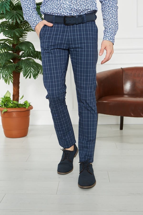 Erkek Kareli Lacivert Slim Fit Pantolon — 1