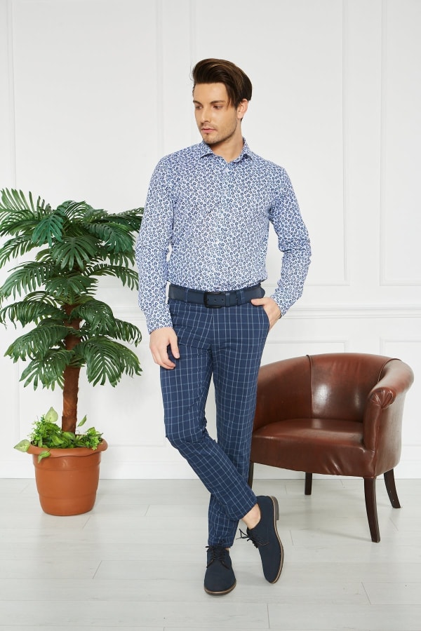 Erkek Kareli Lacivert Slim Fit Pantolon — 2