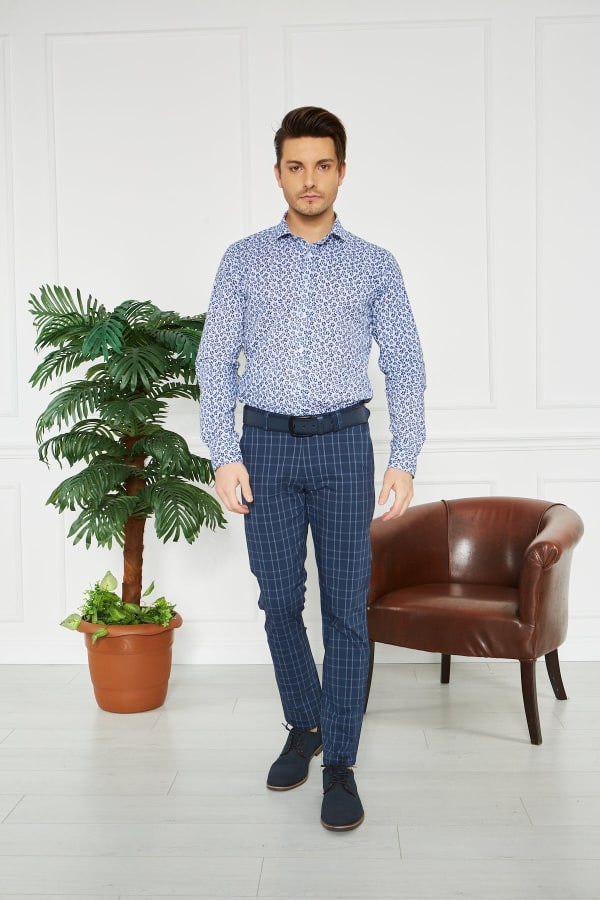 Erkek Kareli Lacivert Slim Fit Pantolon — 3
