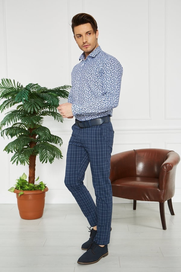 Erkek Kareli Lacivert Slim Fit Pantolon — 4
