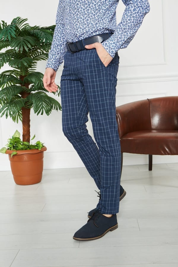 Erkek Kareli Lacivert Slim Fit Pantolon — 5