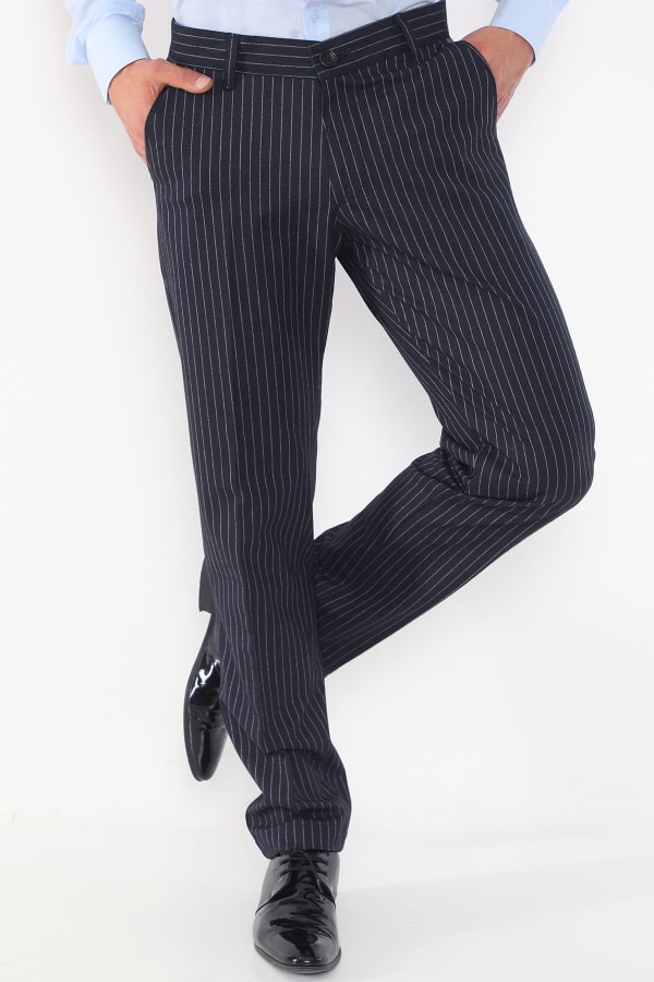 Çizgili Açık Lacivert Regular Fit Pamuklu Erkek Pantolon — 2