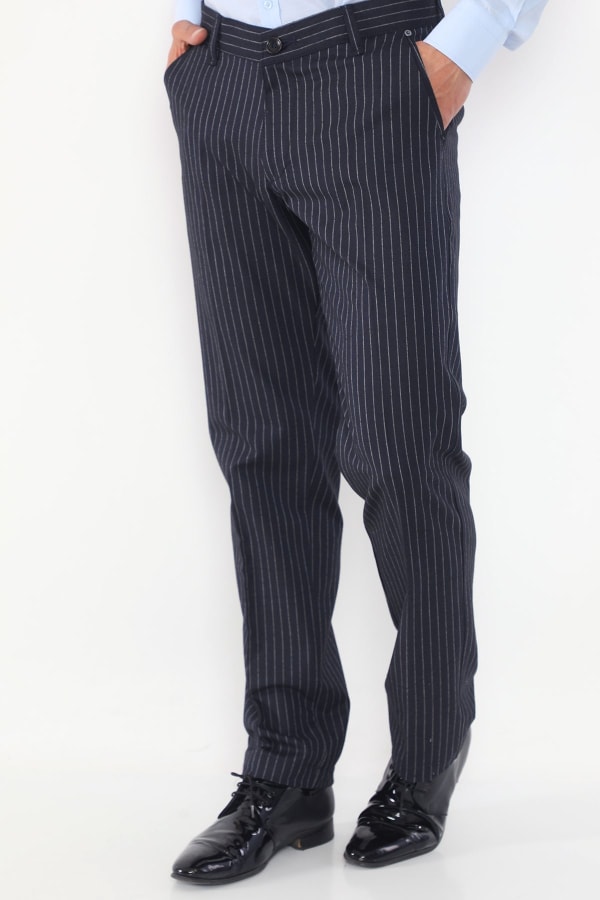 Çizgili Açık Lacivert Regular Fit Pamuklu Erkek Pantolon — 3