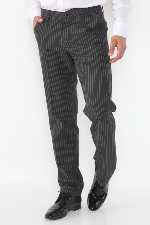 Çizgili Siyah Regular Fit Pamuklu Erkek Pantolon — 1