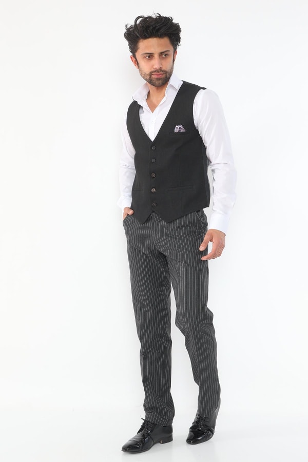 Çizgili Siyah Regular Fit Pamuklu Erkek Pantolon — 2