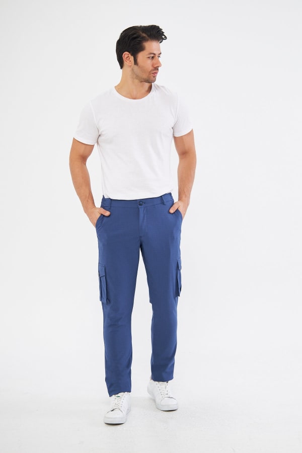 Erkek Kargo Cepli Açık Lacivert Slim Fit Günlük Rahat Pantolon — 4