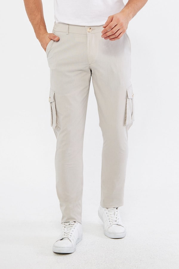 Erkek Kargo Cepli Bej Slim Fit Günlük Rahat Pantolon — 1