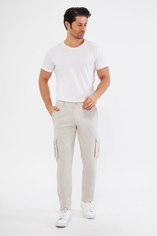 Erkek Kargo Cepli Bej Slim Fit Günlük Rahat Pantolon — 2