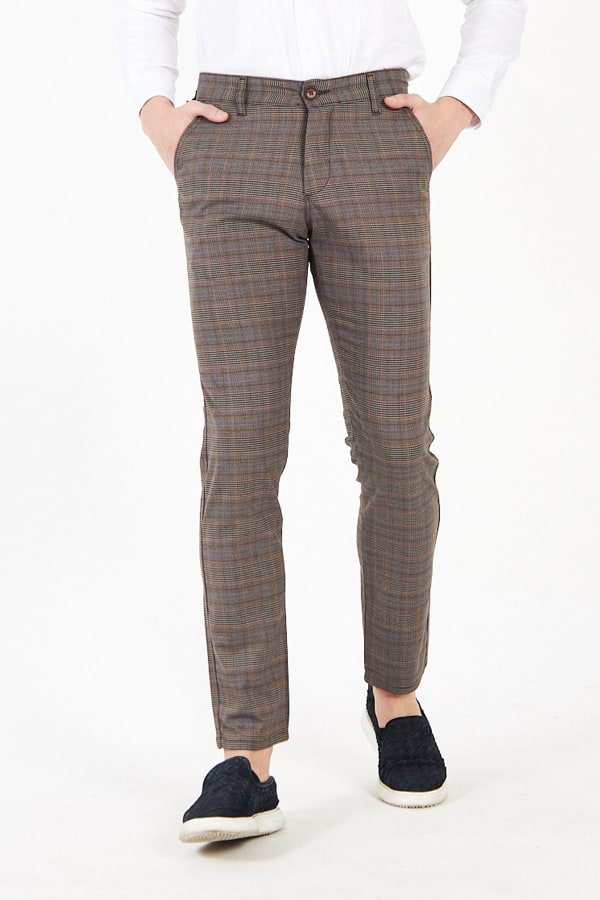 Erkek Kareli Ekose Füme Slim Fit Pantolon — 1