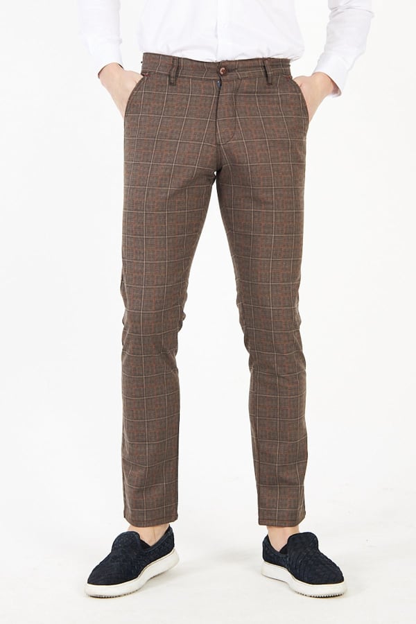 Erkek Kareli Ekose Koyu Bej Slim Fit Pantolon — 1