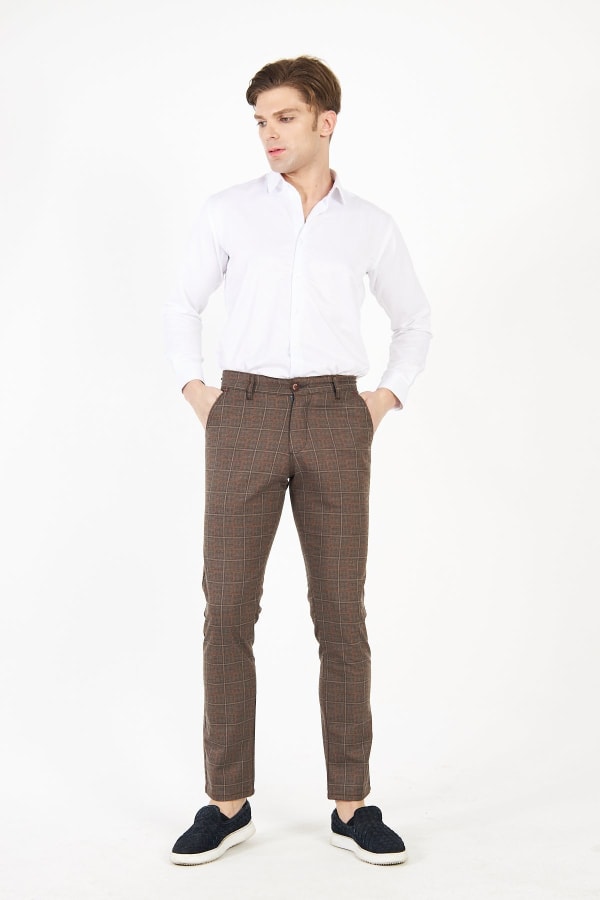 Erkek Kareli Ekose Koyu Bej Slim Fit Pantolon — 2