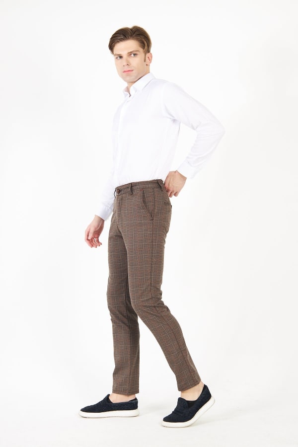 Erkek Kareli Ekose Koyu Bej Slim Fit Pantolon — 3