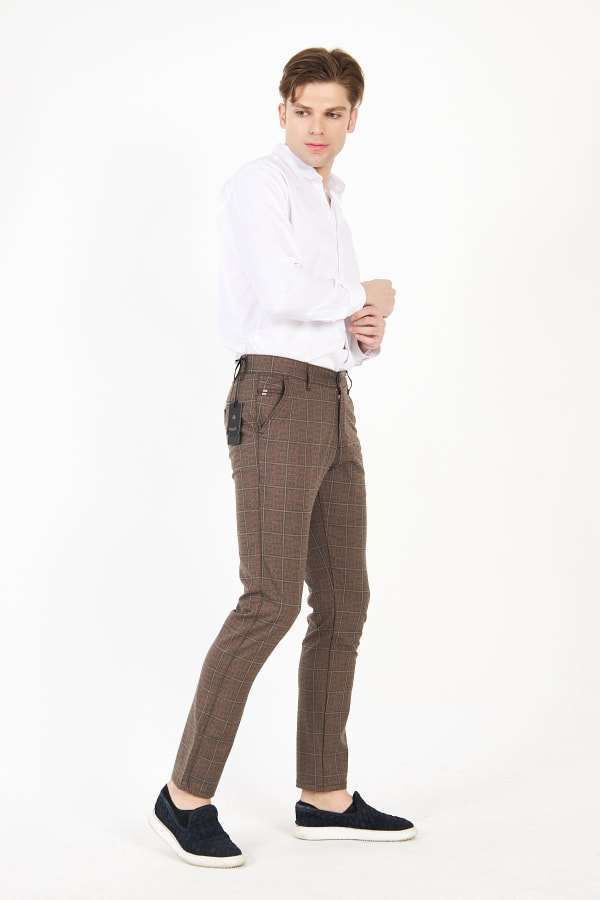 Erkek Kareli Ekose Koyu Bej Slim Fit Pantolon — 4