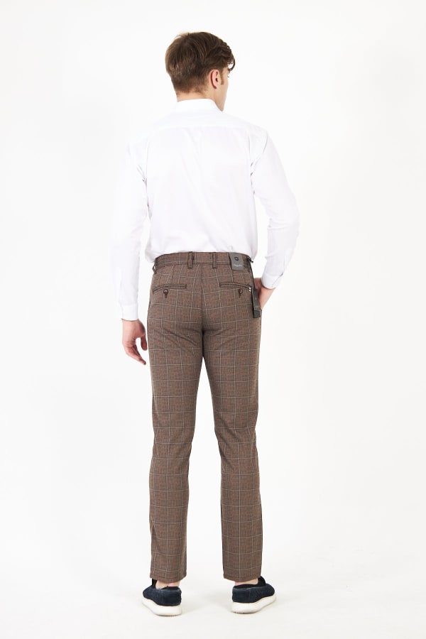 Erkek Kareli Ekose Koyu Bej Slim Fit Pantolon — 5