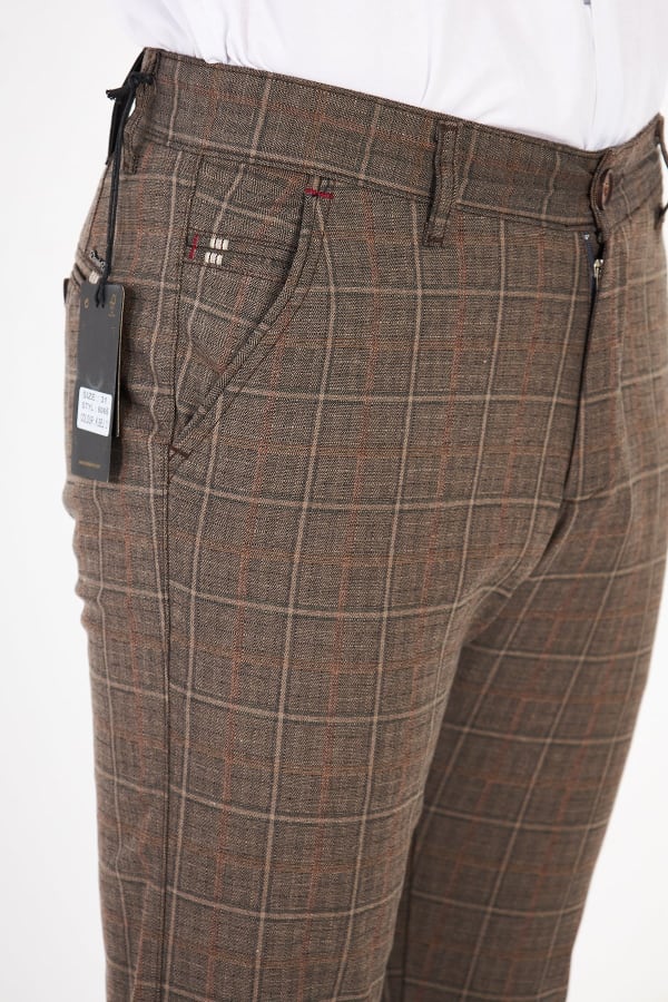 Erkek Kareli Ekose Koyu Bej Slim Fit Pantolon — 6