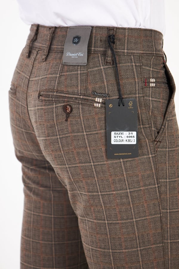 Erkek Kareli Ekose Koyu Bej Slim Fit Pantolon — 7