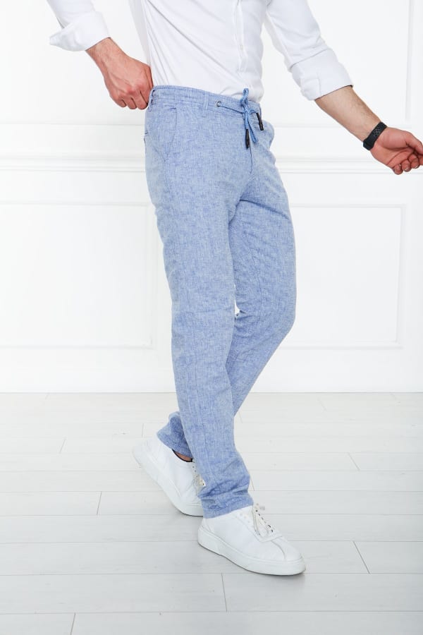 Mavi Kırçıllı %100 Keten Beli Lastikli Pantolon — 5