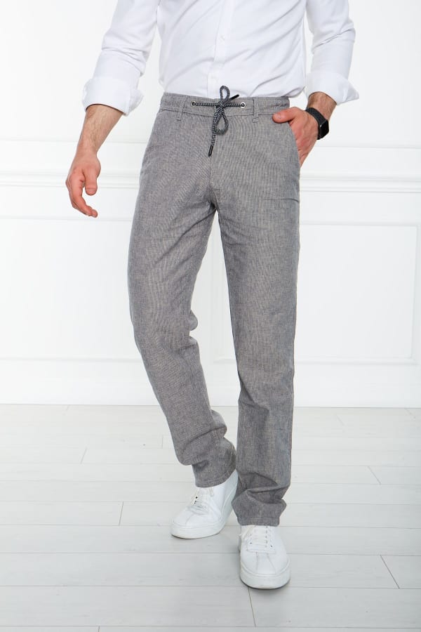 Çizgili Gri Regular Fit %100 Keten Pantolon — 1