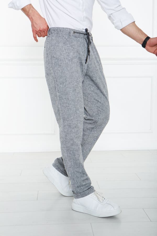 Siyah Kırçıllı %100 Keten Beli Lastikli Pantolon — 4