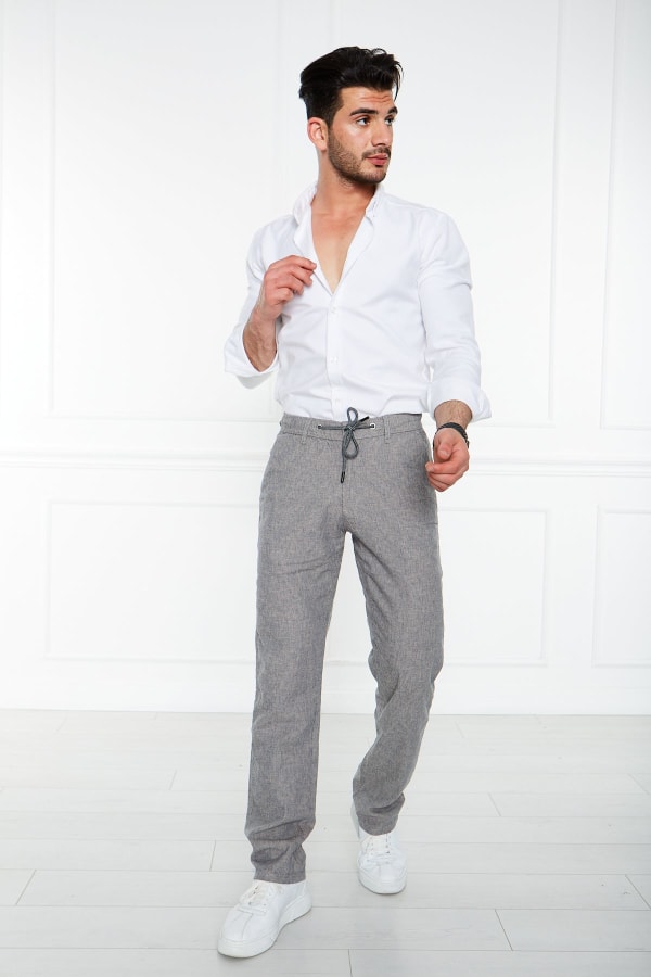 Çizgili Gri Regular Fit %100 Keten Pantolon — 2
