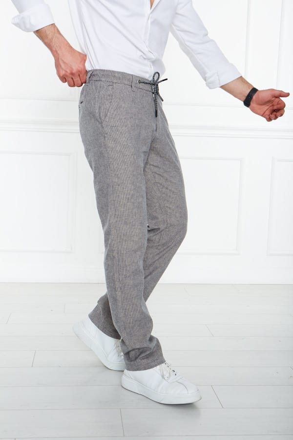 Çizgili Gri Regular Fit %100 Keten Pantolon — 3