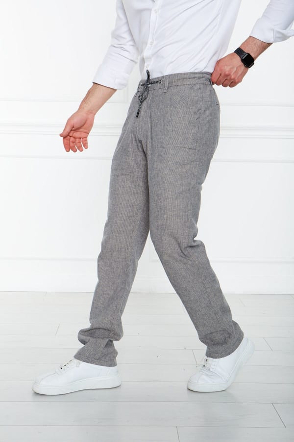 Çizgili Gri Regular Fit %100 Keten Pantolon — 4